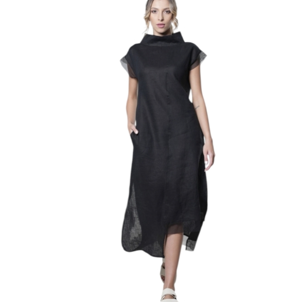 Black Linen Midi Dress with High Neck